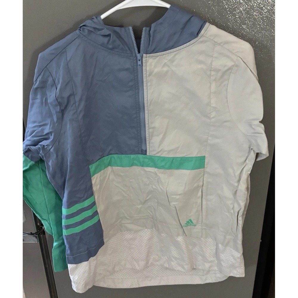 Adidas Youth L‎ 14-16 Windbreaker Hooded 1/2 Zip Jacket Pouch Gray Blue Green
